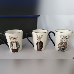 Signature Housewares Animal Hipster Stoneware 3 Coffee Mugs/Cups All Occasion